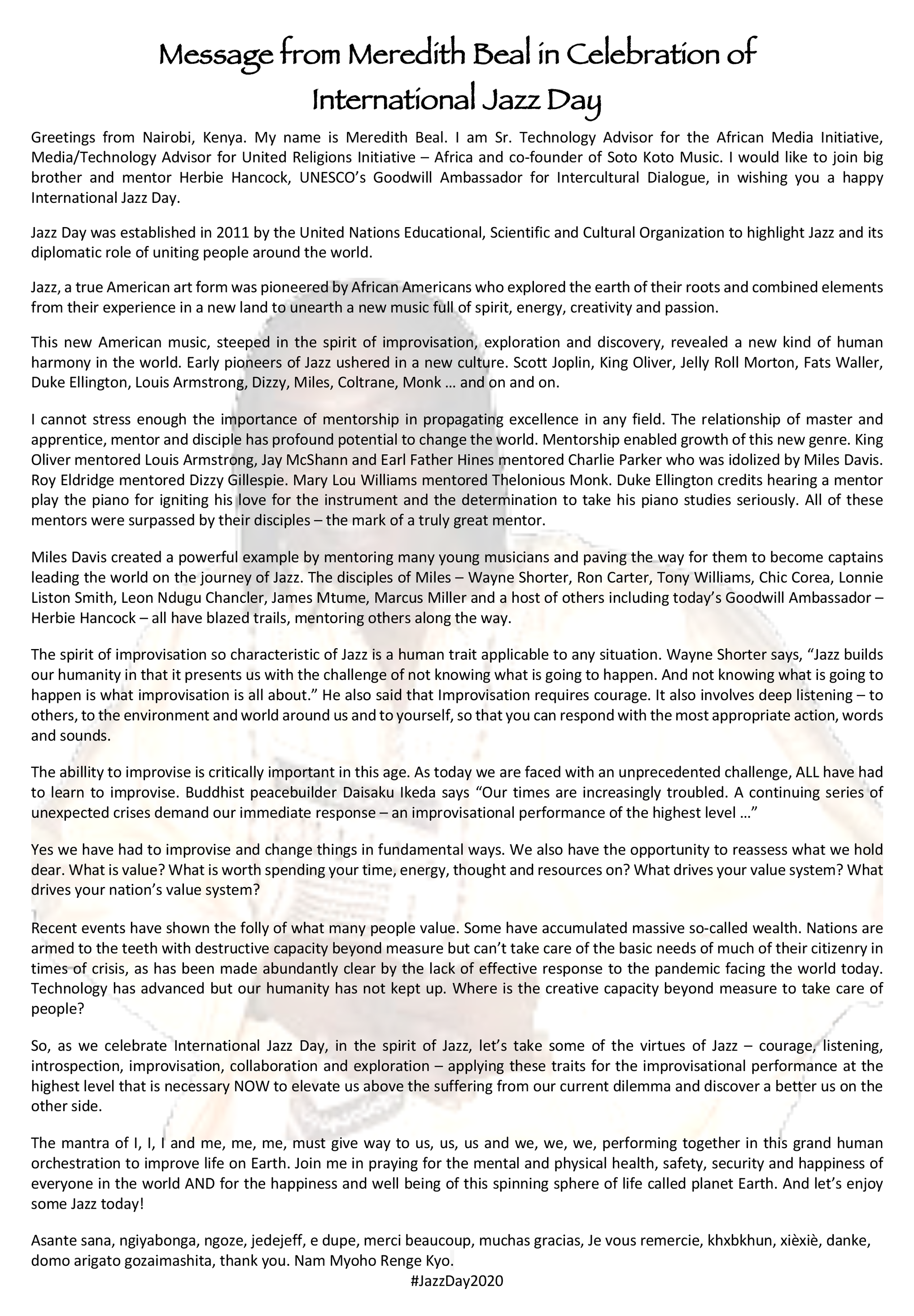 Jazz Day Message